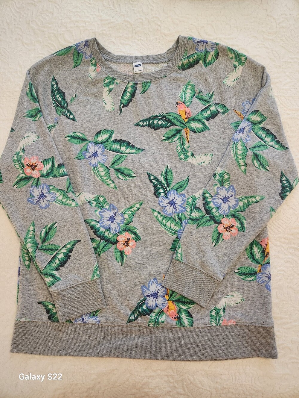 Old Navy Gray Crewneck Sweatshirt with Green Leaves and Pastel Flowers